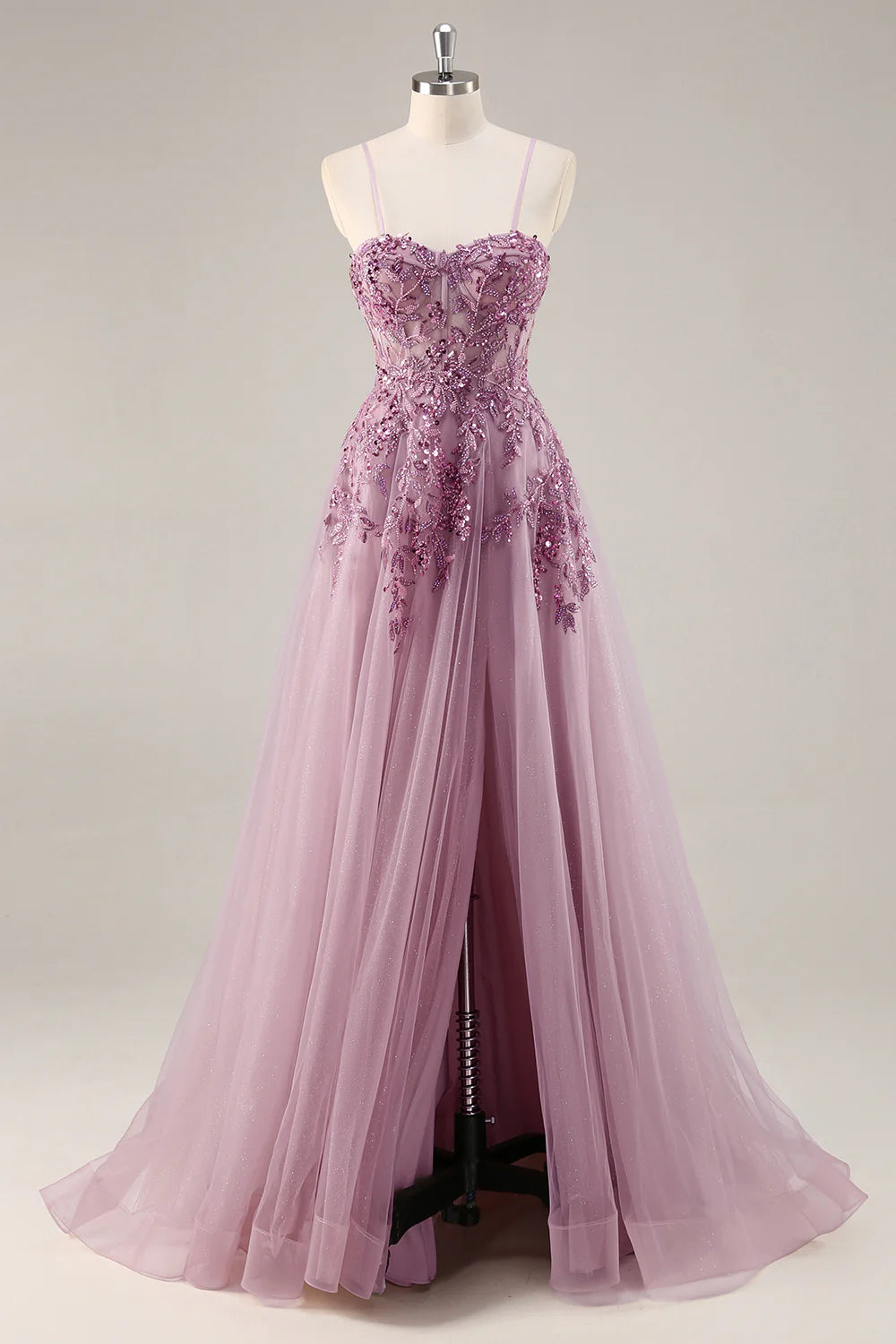 Grey Purple A-Line Corset Beaded Tulle Long Prom Dress with Slit